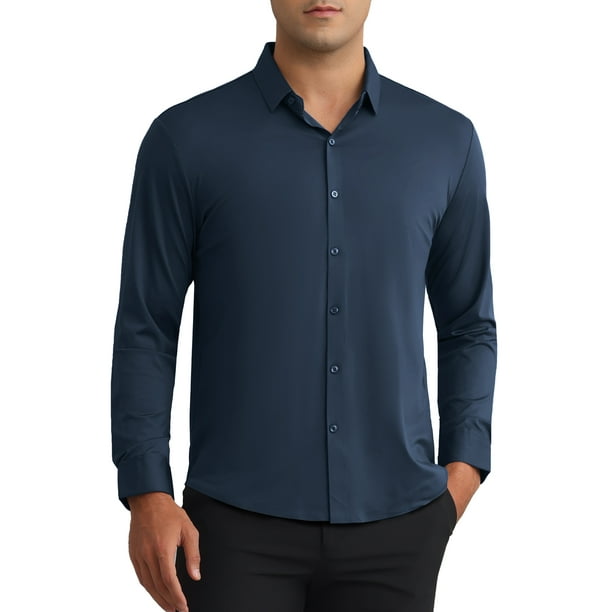Camisa de vestir formal de manga larga con botones para hombre, color sólido, XL, azul oscuro