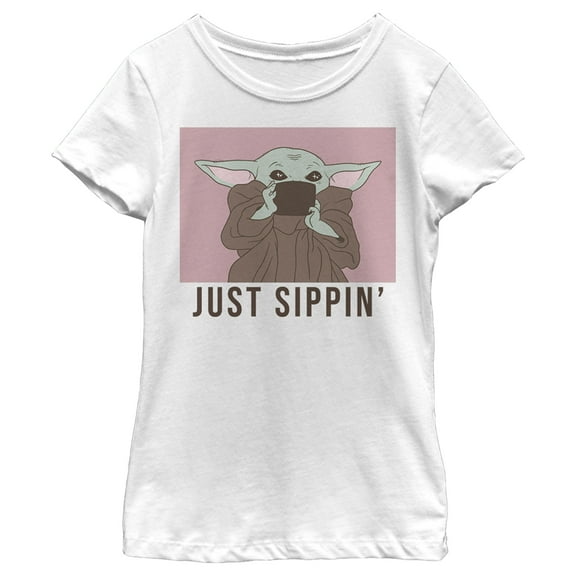 Girl's Star Wars: The Mandalorian The Child Just Sippin  Graphic Tee White X Large