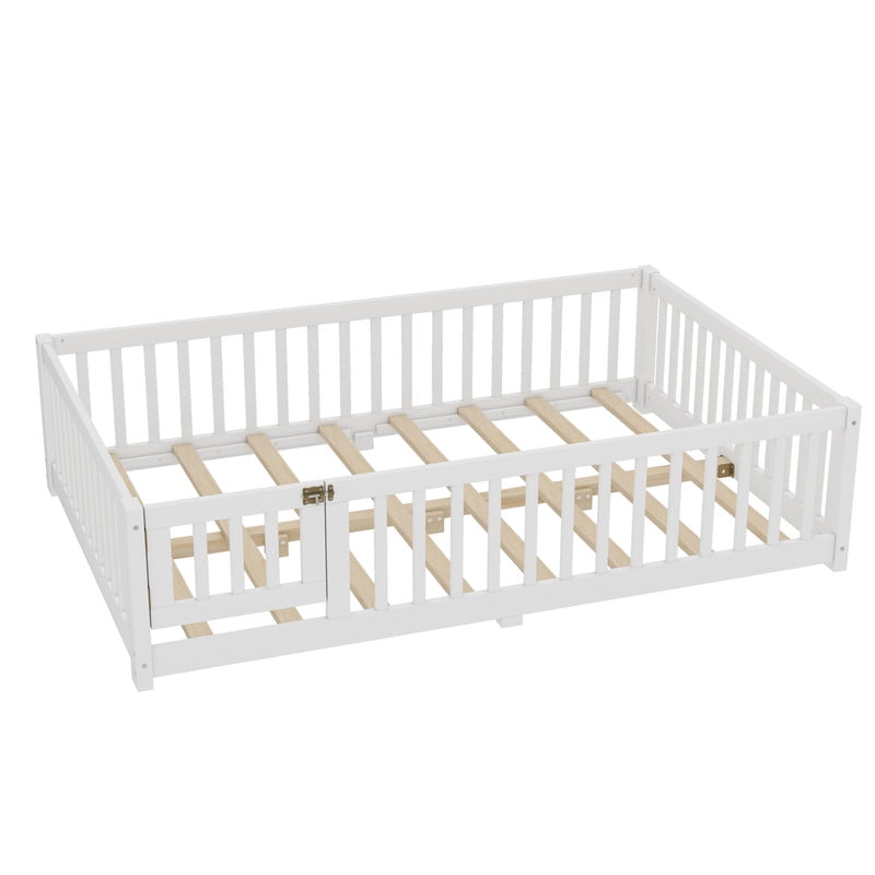 Montessori Bed with Rails, Full Size Floor Bed with Door & Slats Support, Wood Playhouse Bed with Fence, No Box Spring Needed,White