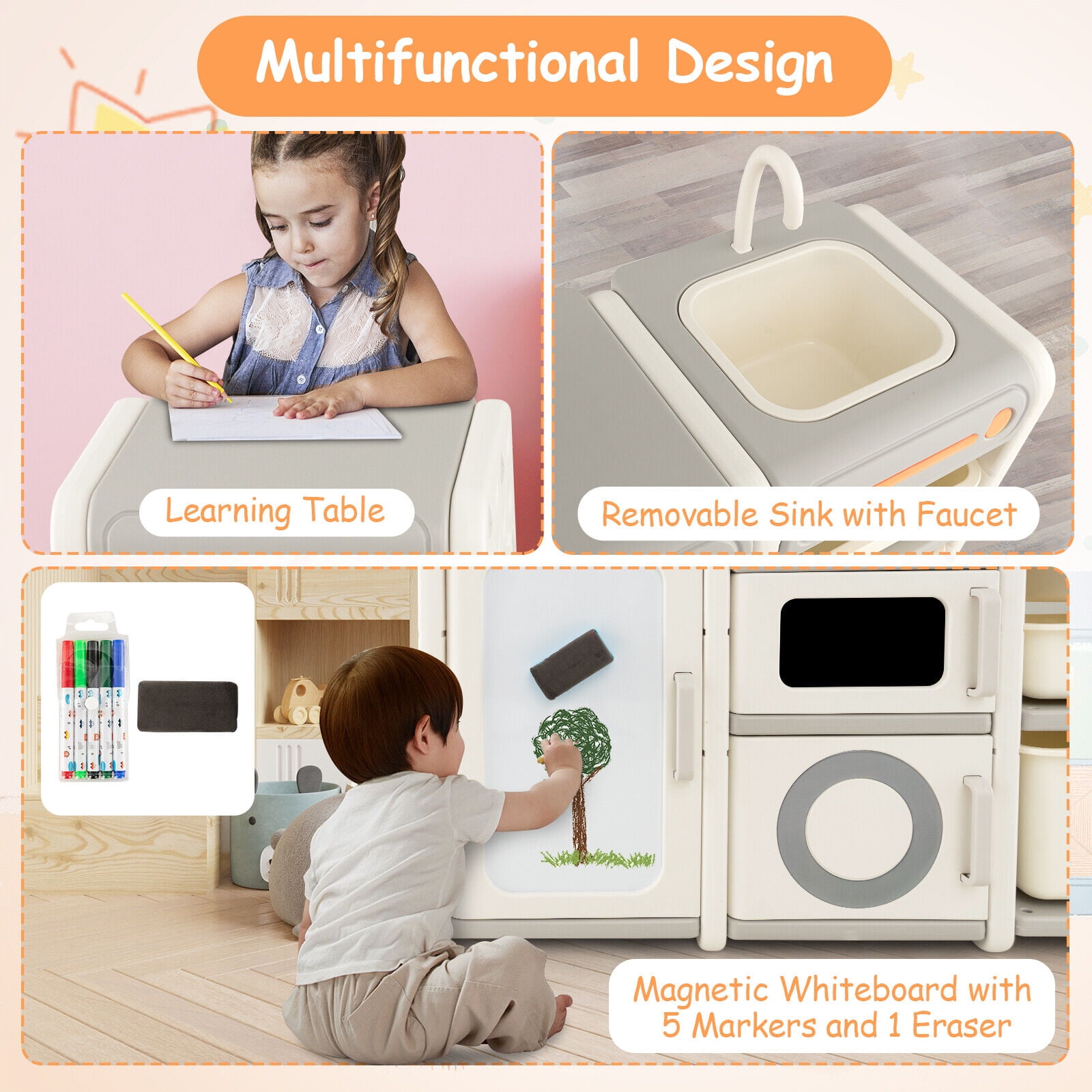 Amijoy Children's Toy Storage Cabinet, Multifunctional Toy Box And Bookshelf With Magnetic Whiteboard, Enclosed Storage Box