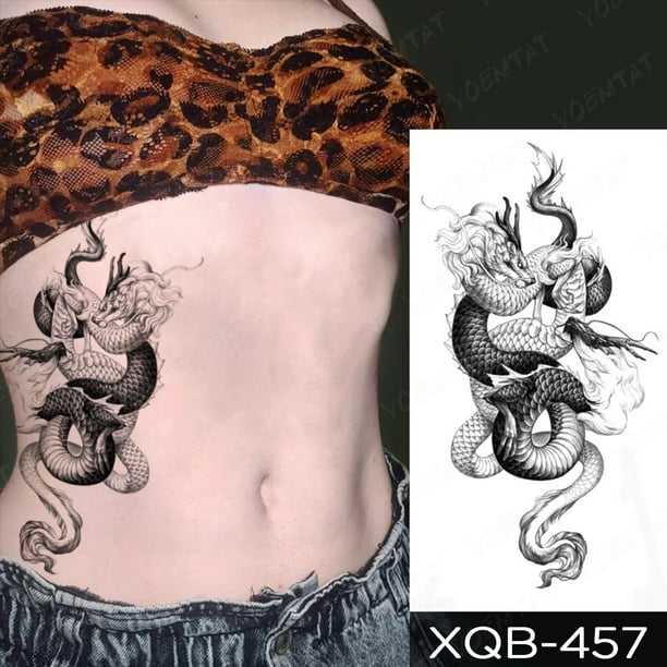 Impermeable Temporal Tatuaje Pegatina Dragón Negro Serpiente Peonía Rosa Totem Flash Tatto Mujeres Hombres Oscuro Sexy Cintura Brazo Tatuajes Falsos Gao Jiahui unisex