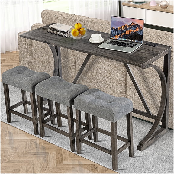 Dark Gray 4-Piece Bar Table Set with Charging Station, 3 Padded Stools, Modern Dining Set for Kitchen, Game Room, Living Room