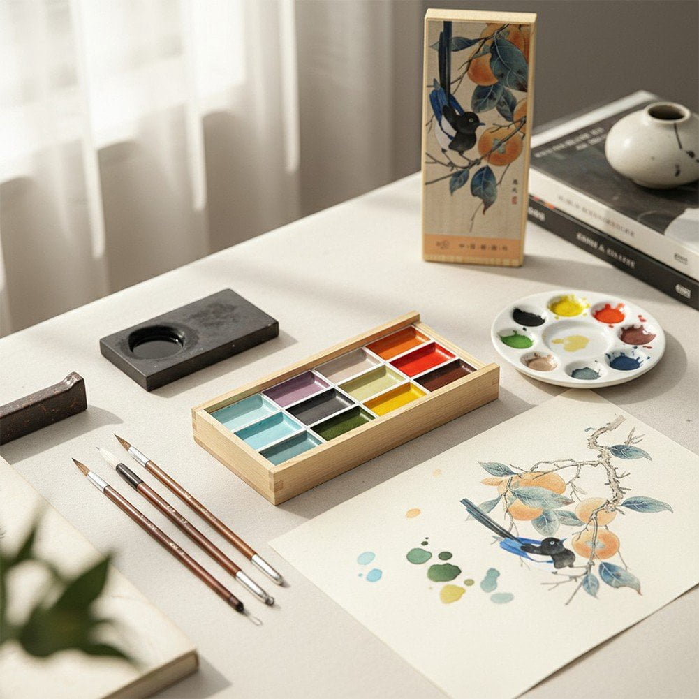 Slccxzc Traditional Chinese Watercolor Paint Set, 12 Vibrant Solid Colors Travel Art Kit