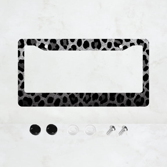 1pc Black and White Leopard Print 2 Hole License Plate Frame Aluminum Material 6x12 Inches with Screw Set Funny Car Decoration Gift Retro Novelty Design American Standard Universal Size for Car Plates