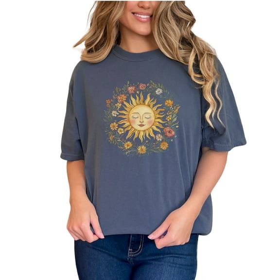 Sun Face Floral Graphic T-Shirt, Boho Sun and Flowers Tee, Vintage Sun Illustration Shirt, Artistic Sun and Floral Print Top, Denim Comfort Colors T-Shirt, Small