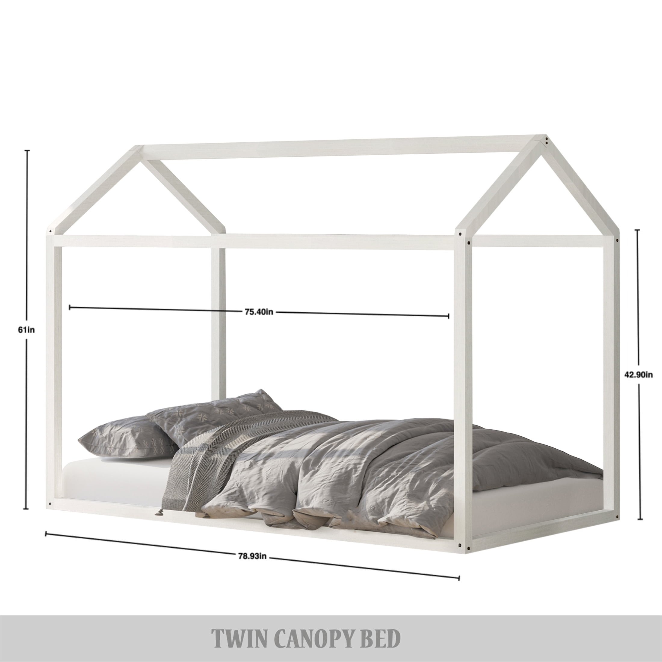 Castle Place Contemporary Wooden Canopy House Kid Twin Bed, Antique White