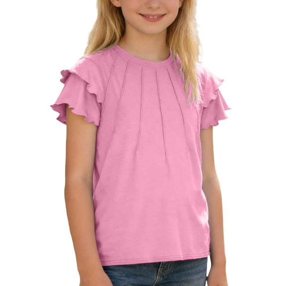 TBWNWG Girls Fashion Casual Top with Ruffle and Pull String Detail Pure Color Short Sleeve Tee for Everyday Wear,Size 7-8 Years