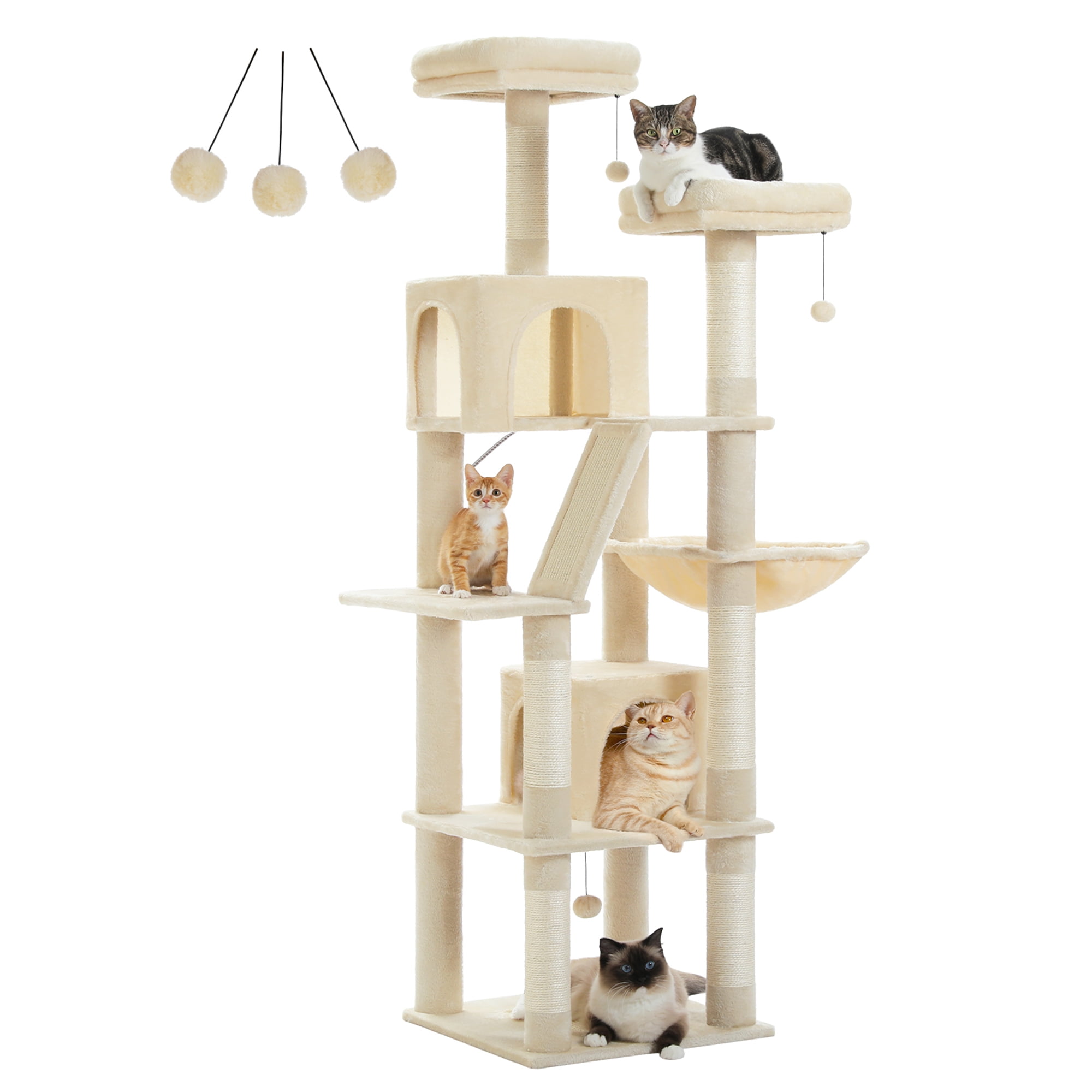 Kadyn 70" Large Cat Tree for Indoor Cats, Multi-Level Cat Tower Cat Scratching Post with 2 Perches, 2 Condos, Hammock and 2 Pompoms, Beige