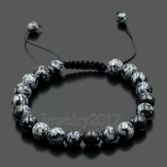EOEMY 8mm Gemstones Bead Yoga Energy Reiki Natural Stone Tassel Braided Rope Bracelets-17 Snow Flake
