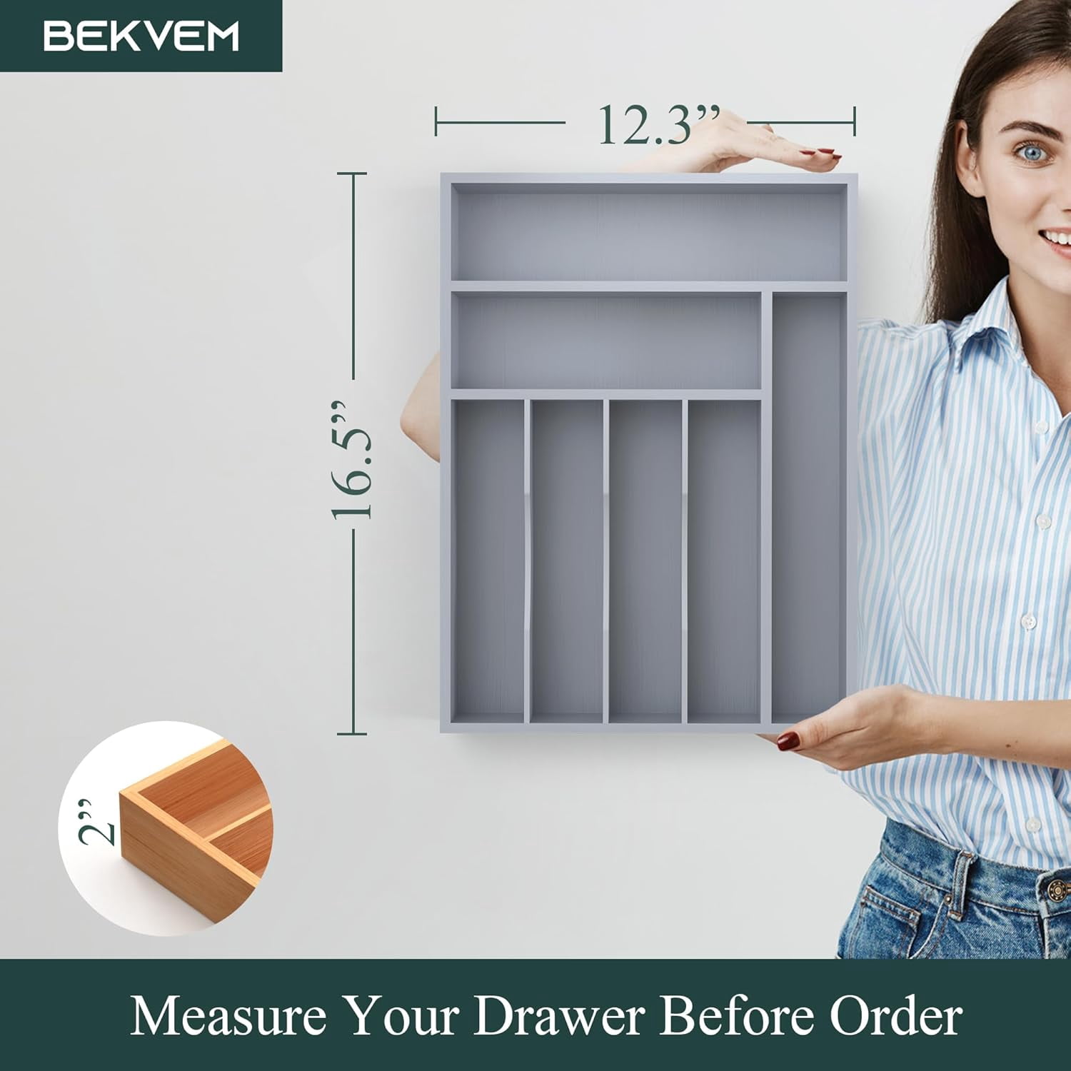 UniVerse Bamboo Silverware Organizer, Kitchen Drawer Organizer, Utensil Holder, Cutlery Tray & Spoon Flatware Storage with Grooved Drawer Dividers (7 Slots, Grey)