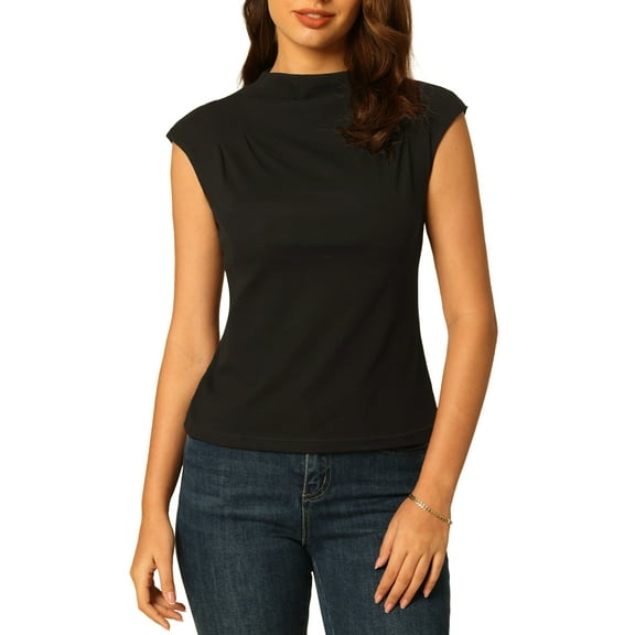 INSPIRE CHIC Women's Mock Neck Blouse Basic Cap Sleeve Knitted Tops 2XL Black