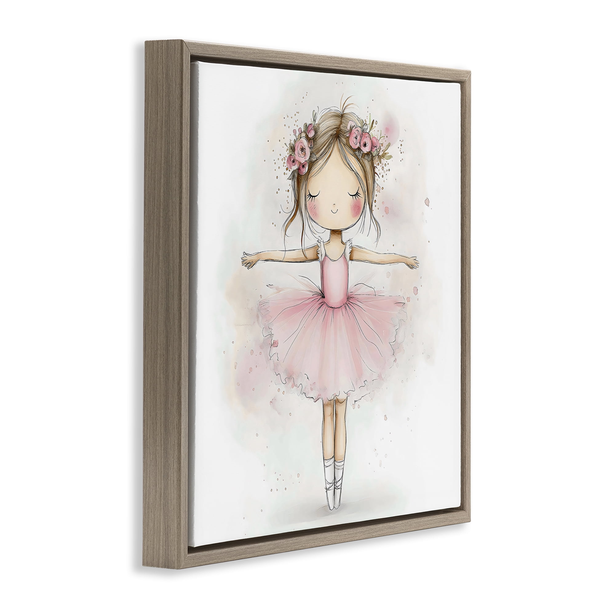 Stupell Industries Flower Ballerina in Pink Tutu Brown Framed Floater Canvas Wall Art, design by Creative Studio