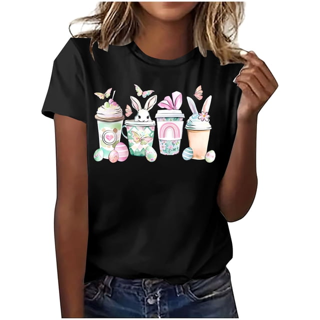 Mujeres Manga Corta de Verano Tops Pascua Impresa Cuello Redondo, Blusa de Moda Casual para la Primavera