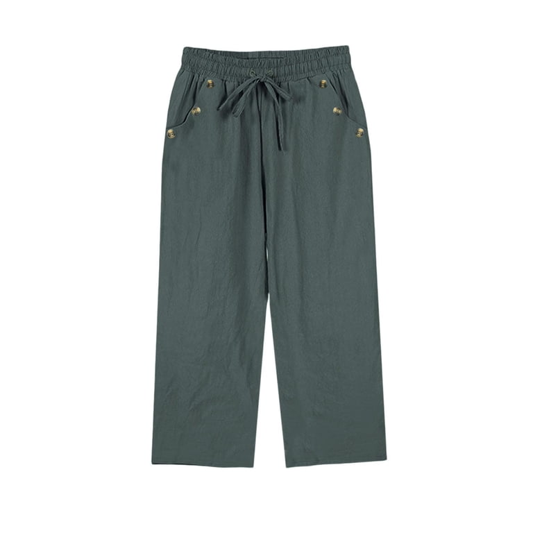 BONIXOOM Womens Pants Cropped, Straight Pants Drawstring Waist