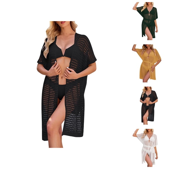 Swimsuit Coverup for Women Short Sleeve Open Front Belted Crochet Knit Kimono Cardigans Beach Cover Up