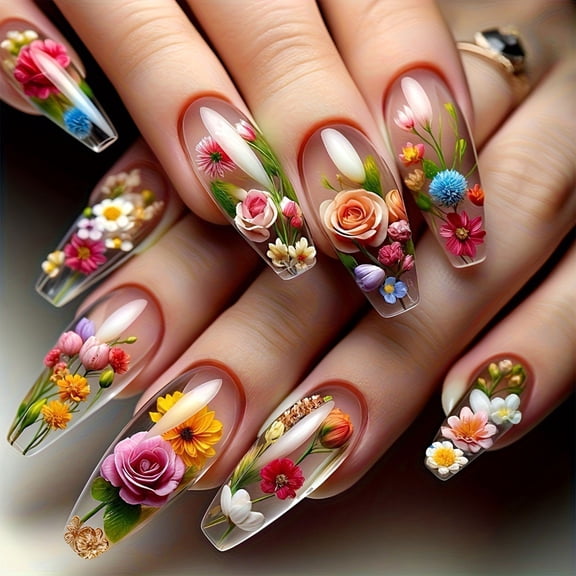 24Pcs Colorful Flower Press on Nails Medium Coffin Fake Nails Spring Full Cover Acrylic Nails Brown False Nails with Floral Designs Glossy Glue on Nails Cute Ballet Stick on Nails for Women Girls
