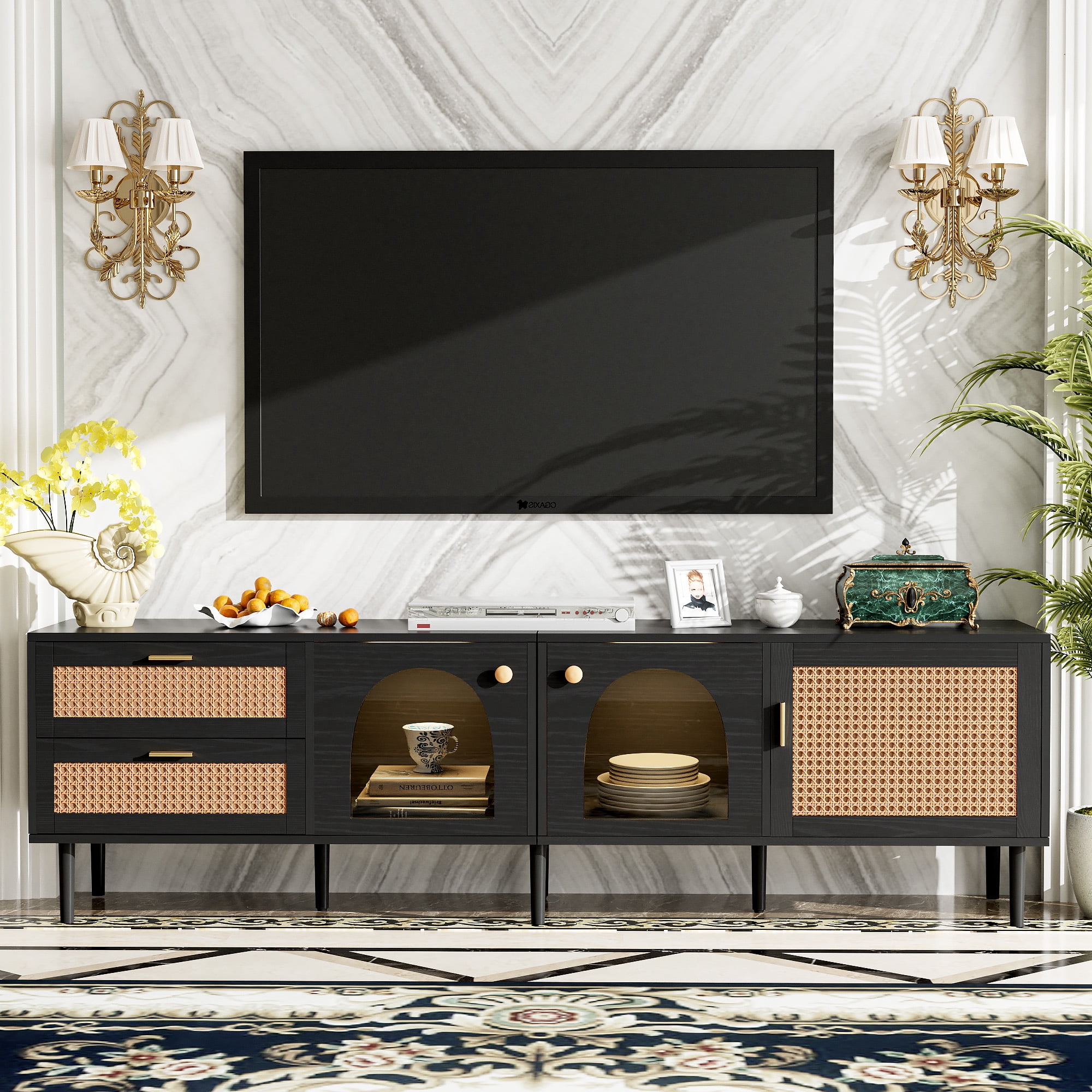 Euroco Rattan TV Stand for TVs up to 80", 70.8" Media Console with Drawers and Cabinets, Boho Entertainment Center with Storage, Sturdy Wooden TV Cabinet for Living Room, Natural Finish