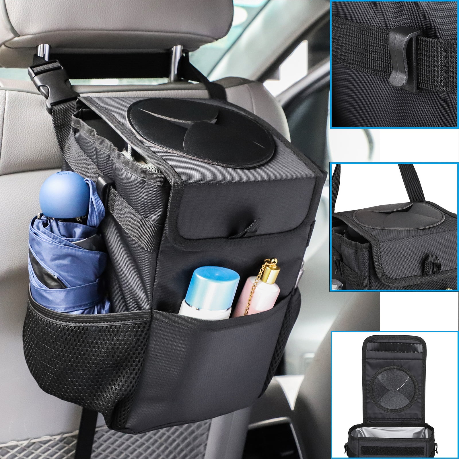 Waterproof Oxford Car Trash Can with Lid and 3 Storage Pocket,Foldable Car Garbage Can 1.6 Gallons Capacity,Hanging 100% Leak-Proof Inside Lining Car Organizer,Multipurpose Trash Bin for Car,Black 