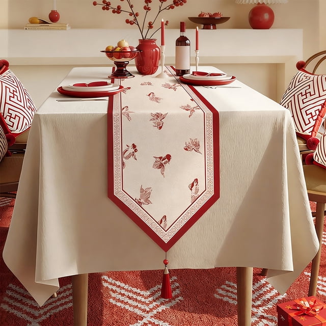 Weloille Chemin de Table à Franges Rouge de l'Année Récente 3,94 X 0,98 Pi 1 Pi, Nappe à Imprimé Rouge Festif, Housse Décorative Résistante aux Plis pour Table Basse Armoire Télé Maison Déco de l'Année Récente