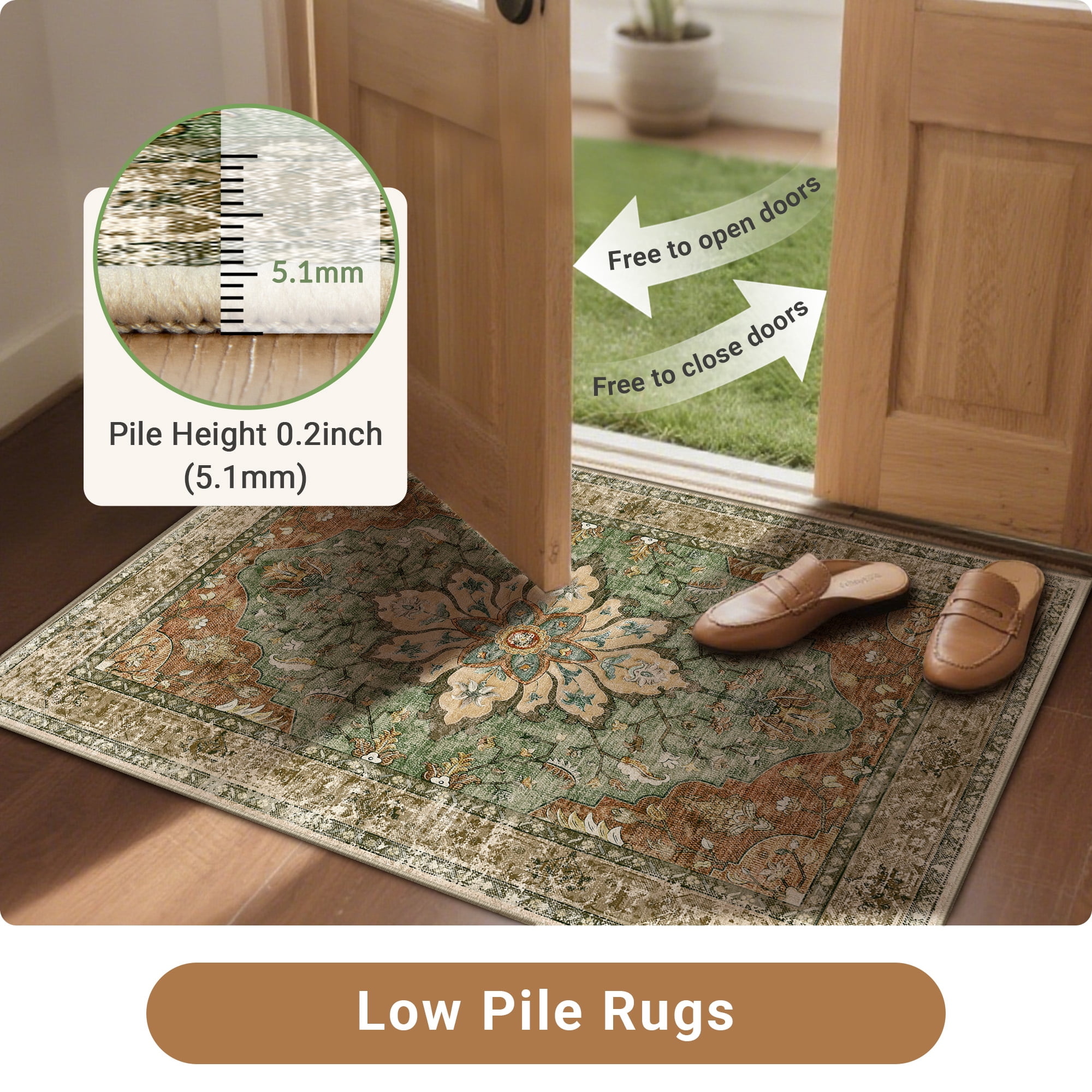 NewBuros 8'x10' Washable Area Rug for Living Room, Non Slip Vintage Distress Print Pattern Floral Rug, Soft Low Pile Indoor Carpet for Bedroom Dining Room, Brick Red Green