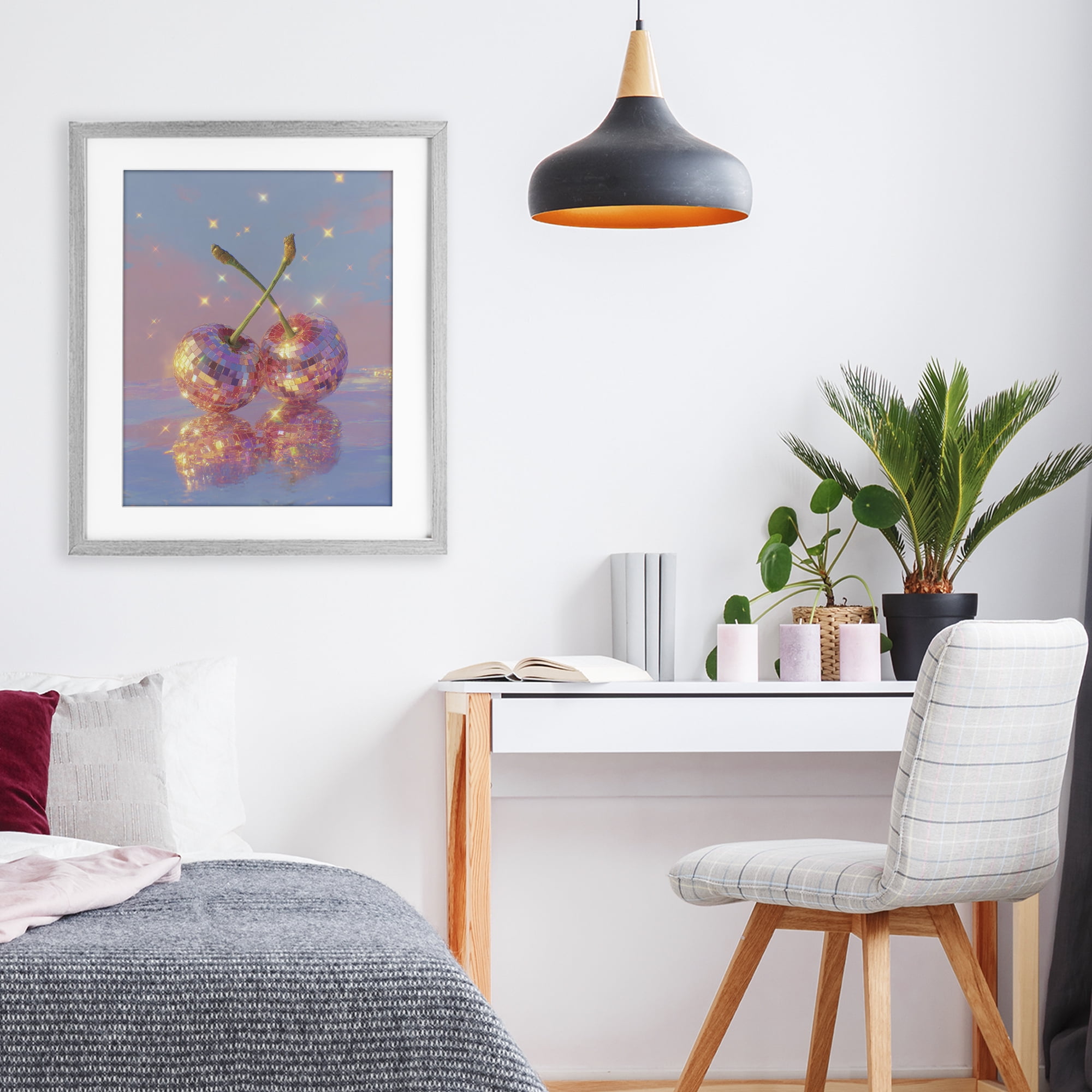 Disco Cherry Reflection Gray Framed Print Under Glass, design by Ziwei Li