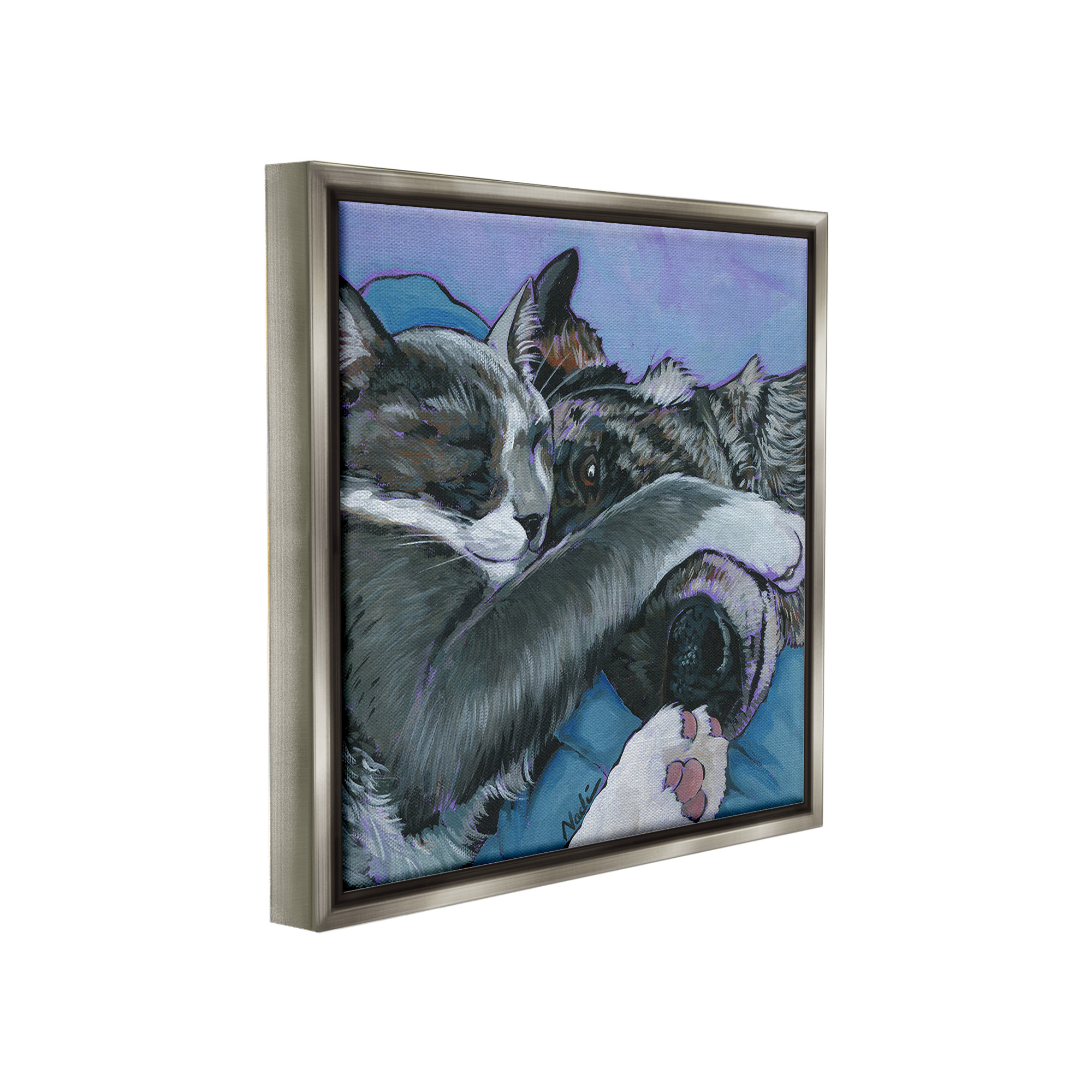 Stupell Industries Cat & Dog Sleeping Animals & Insects Painting Gray Floater Framed Canvas Art Print Wall Art, 18 x 18