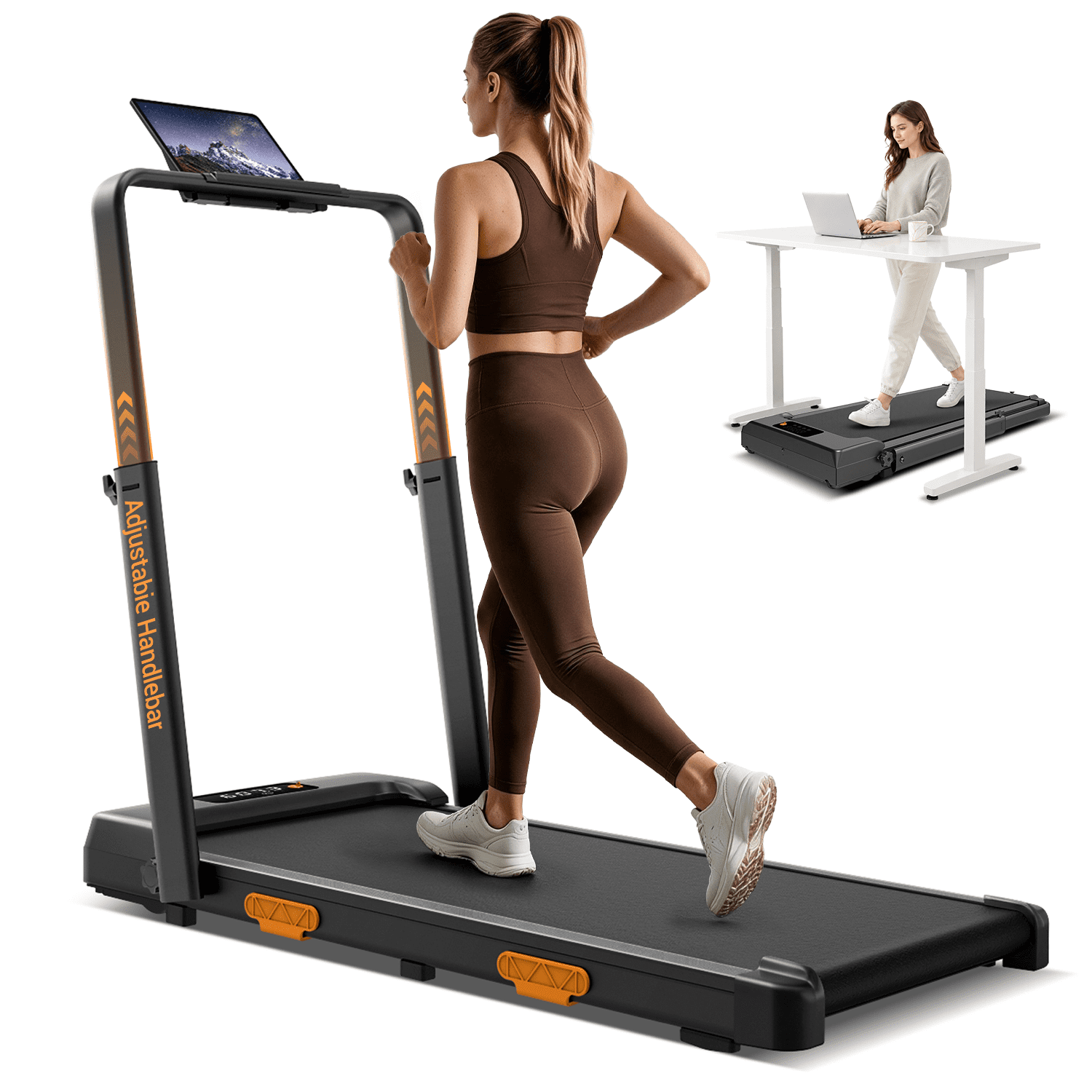 UMAY Walking Pad Treadmill With Adjustable Height Handlebar, 350lbs Capacity with Remote, 6 Level Handrails, 5 Layer Belt, Folding Under Desk Treadmill, 3.0 HP Whisper Quiet Motor