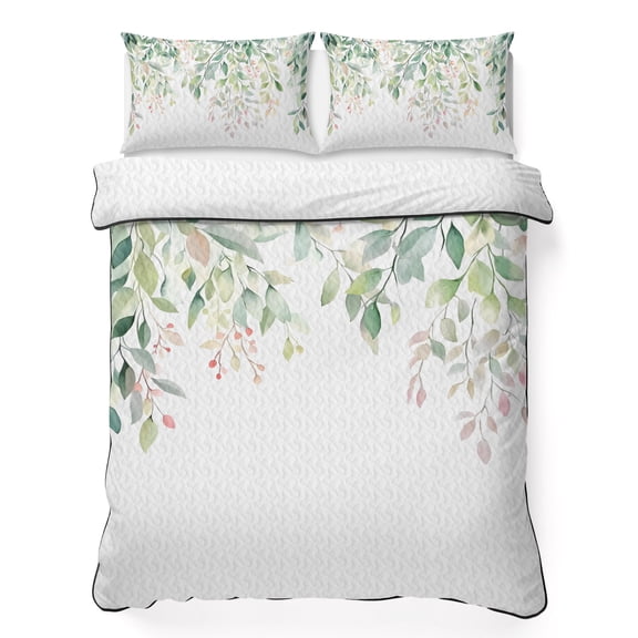 Twin XL Quilt Set, Sage Green Leaf Spring Plant Lightweight Quilt Sets Summer Comforter Coverlets with 2 Pillow Shams, Fallen Leaves on White Breathable 3 Piece Bedding Set for All Seasons