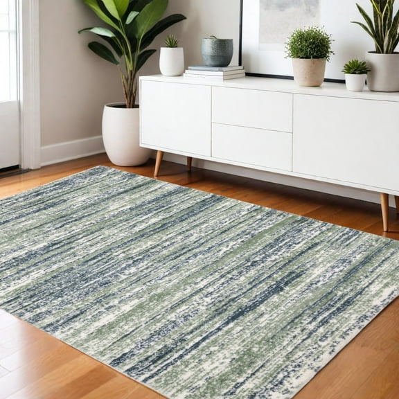 4' X 6' Blue And Green Striped Distressed Area Rug
