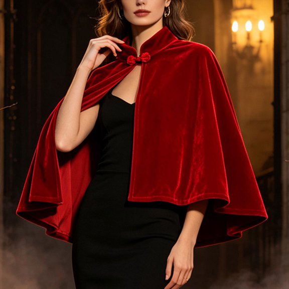 Women's Velvet Cape Shawl, Elegant Stand Collar Cloak With Chinese Knot, Formal Evening Wedding Cover Up & Wrap Wine Free Size