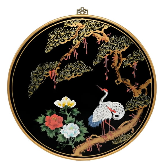 Round Oriental Wall Panel Hand Painted In Cranes Design (30" W) - Oriental Furniture Warehouse