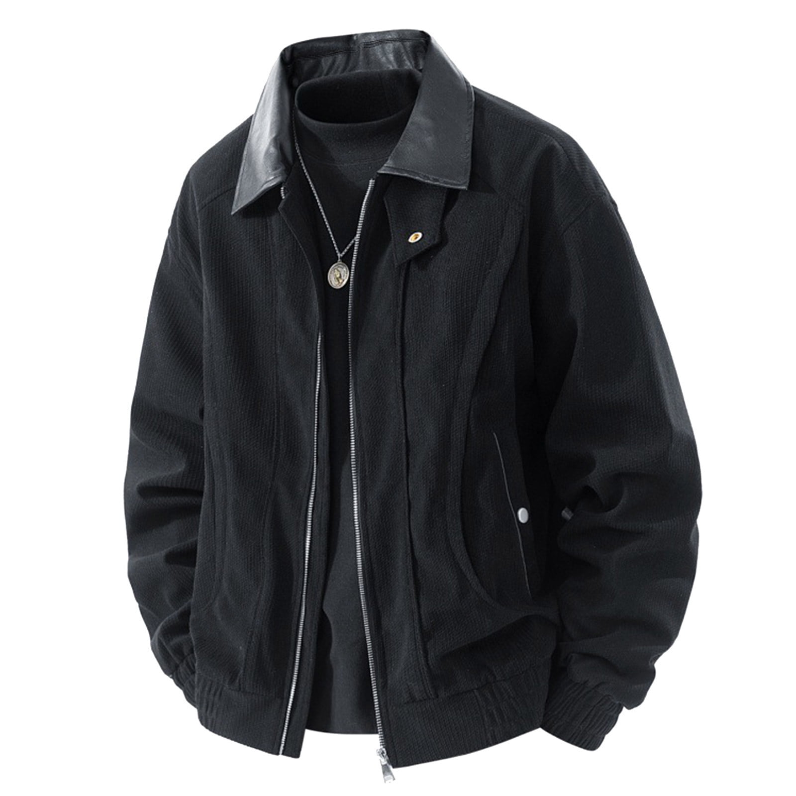 Men's Faux Leather Jacket， Workwear Utility Jacket， Zipper Front