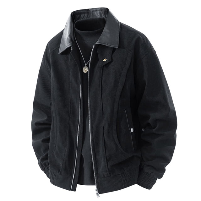 Dagegui Men's Fall Jacket Lightweight Going Out Varsity Jackets Solid Color Zip Up Turndown Collar Coats with Pockets Black L