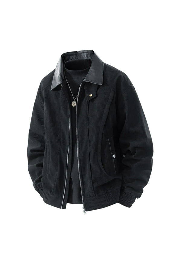 Men's Solid Color Leather Neck Work Jackets 2025 Fall Winter Zip Up Long Sleeve Coat Mens Lightweight Casual Cropped Jacket with Pockets