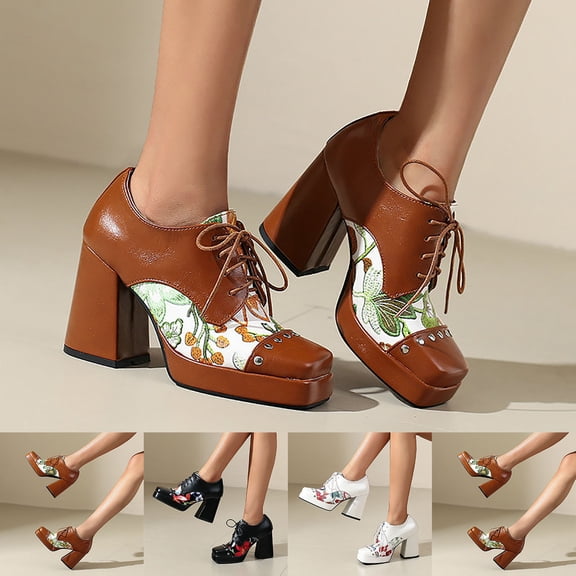 Women's Floral Print Platform Heels, Square Toe Chunky High Heel Dress Shoes, Lace-Up Comfortable Fashion Shoes for Daily Wear