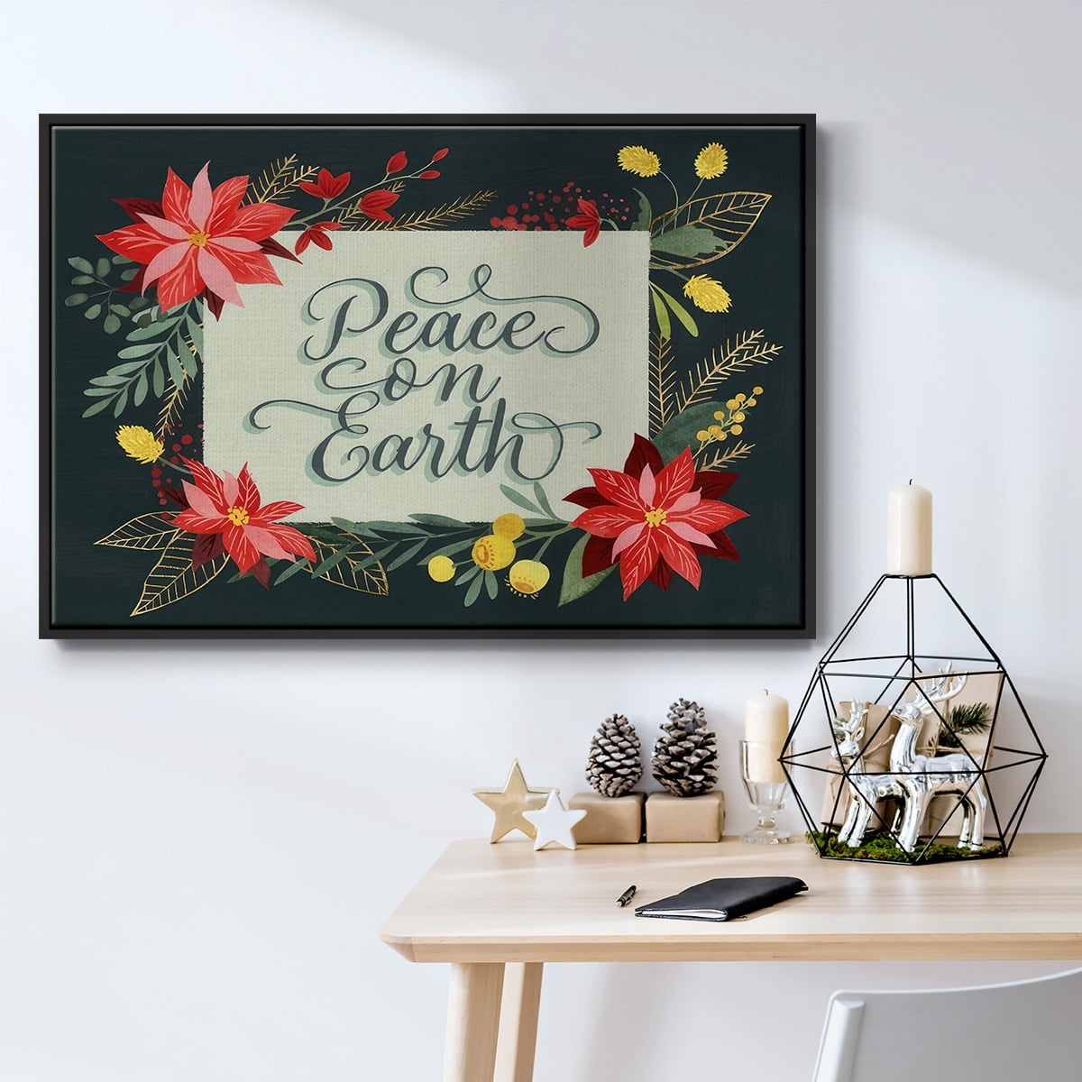 Bright Christmas Night II - Framed Gallery Wrapped Holiday Canvas - 17 x 25 - Black Frame