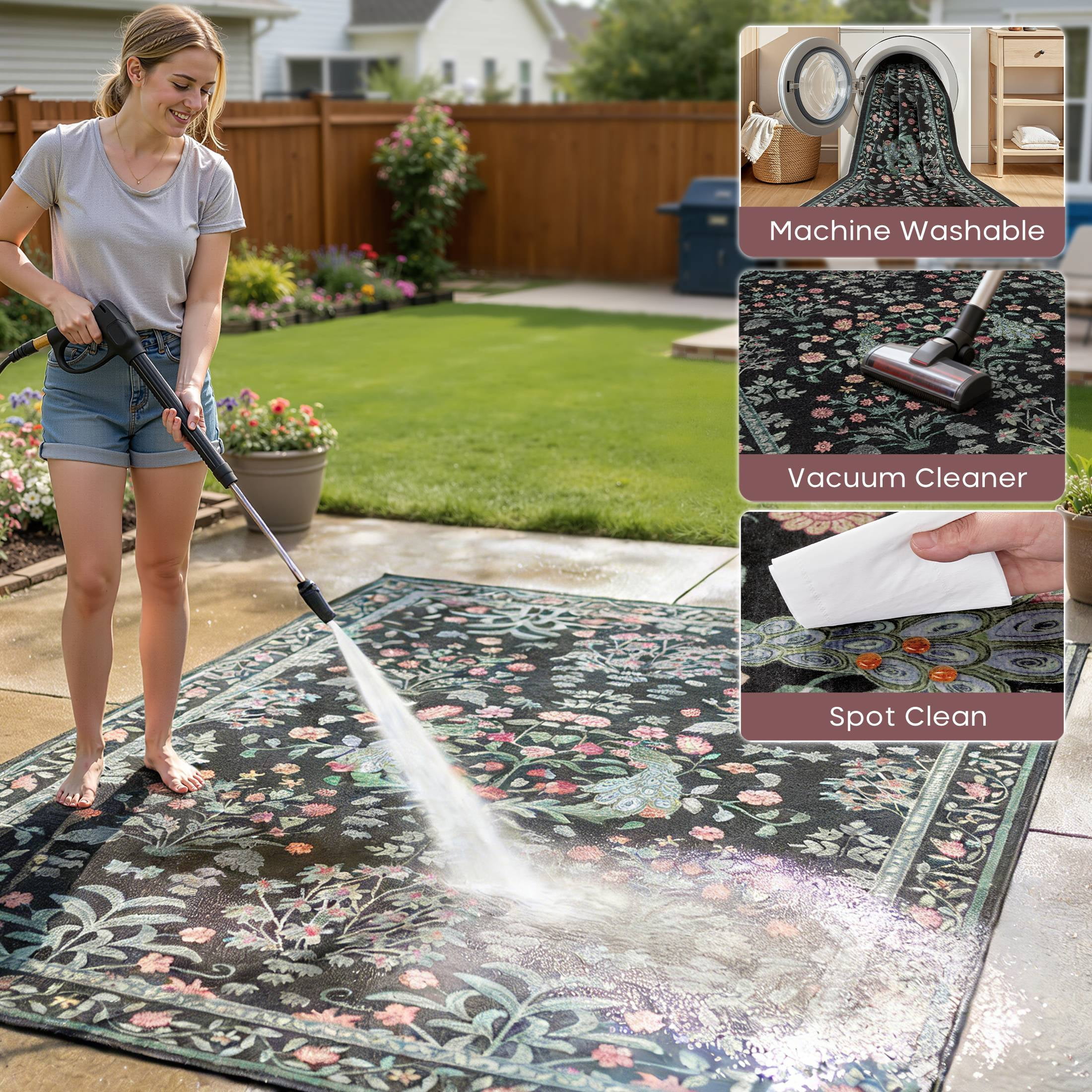 Micgeek Boho 6x9 Area Rugs for Living Room, Floral Non-Slip Washable Rug for Bedroom Home Decor Carpet, Farmhouse Dining Room Office Throw Rugs, Black