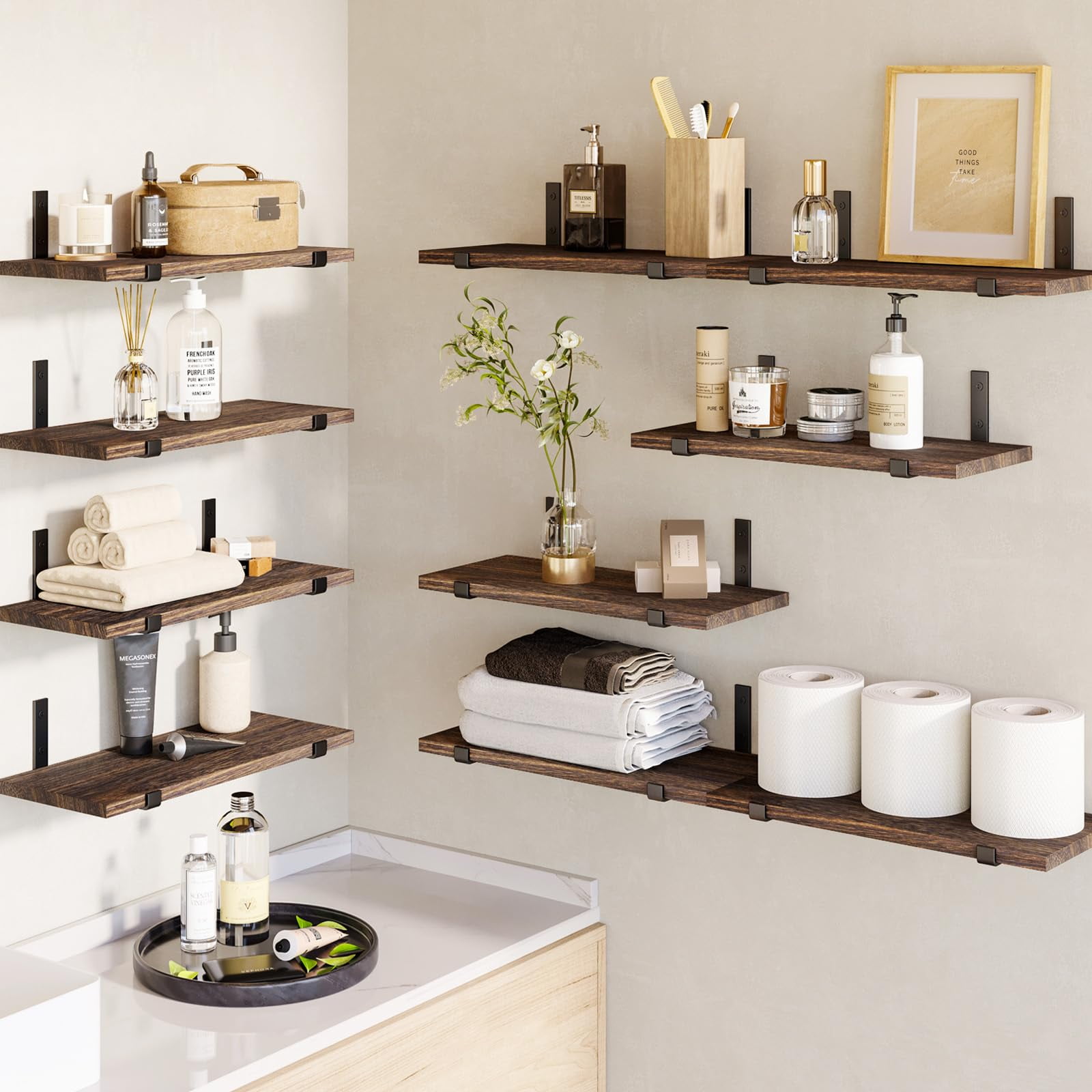Fairy 10pcs Floating Shelves, Width 4.7 inches Wall Shelves, Home Wood Shelf Wall Mounted, Dark Carbonized Black