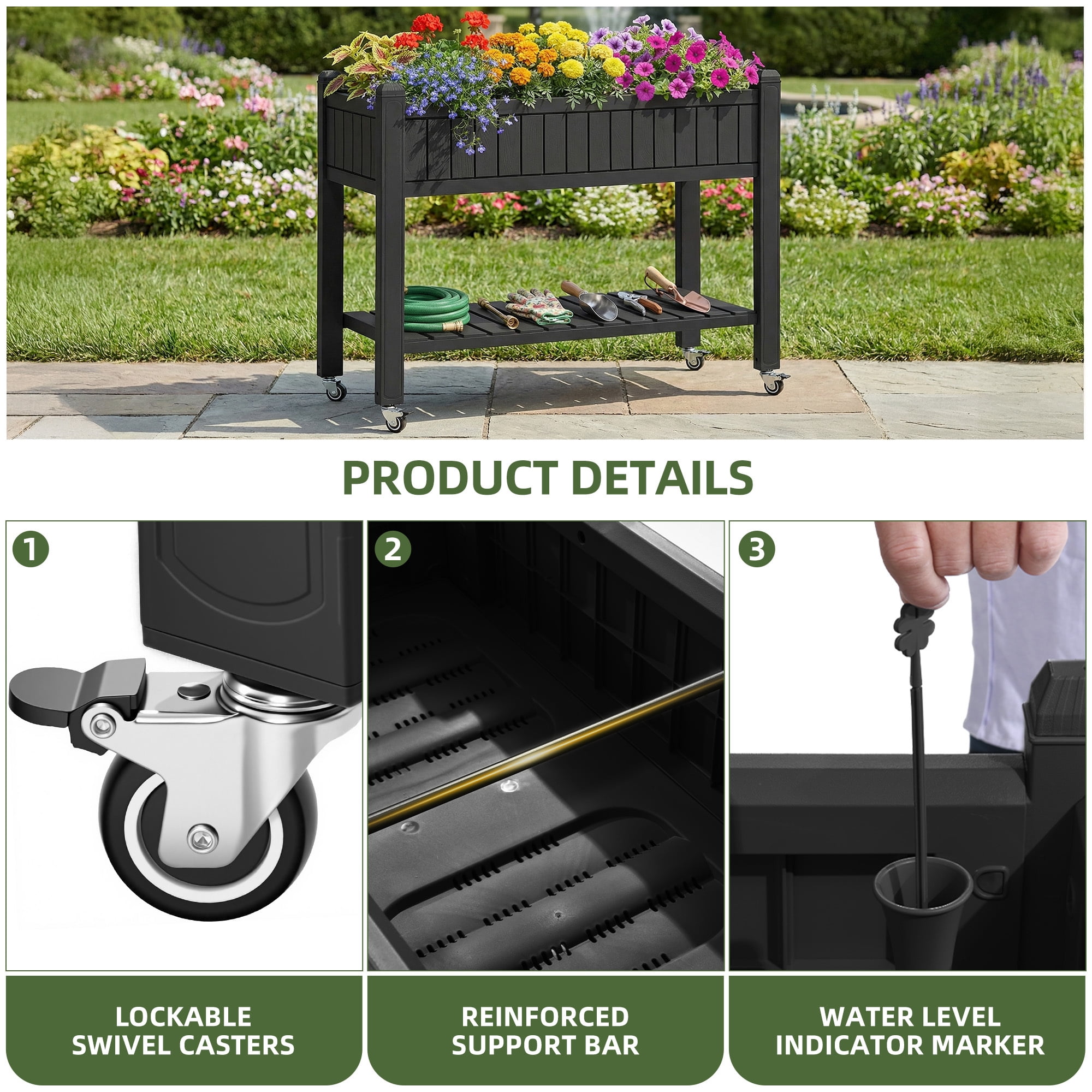 Uforic Mobile Raised Garden Bed 42.5x17.3x35.4 in, Elevated Plastic Planter Box with Drain Plug, Storage Shelf & Wheels, Black