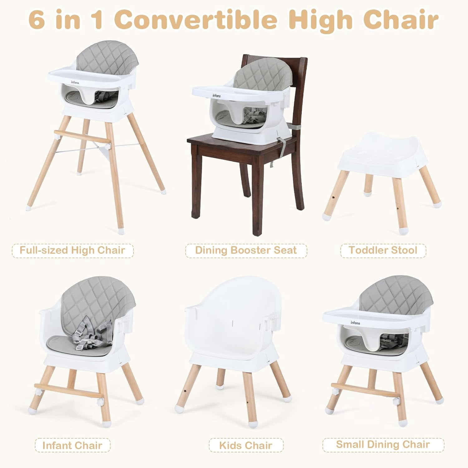INFANS Baby High Chair, 6 in 1 Wooden Convertible Highchair for Babies and Toddlers, Infant Dining Booster Seat Kids Stool with Adjustable Removable Tray