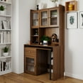 thumbnail image 3 of Lisonu L-Shaped Rotating Computer Desk with Hutch, Convertible Home Office Workstation with Glass Door Cabinets and Storage Shelves, Flexible Design, Walnut, 3 of 21