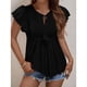 thumbnail image 3 of Camiseta con ojales de jacquard para mujer, Top con cuello redondo y manga con volantes, jersey con cordones de verano, Top negro S, 3 of 8