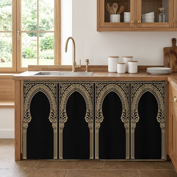 Double Arches Cabinet Curtains for Kitchen 28"W x 51"L, Vintage Traditional Black Gold Floral Symmetrical Under Sink Skirt Magic Tape Short Curtain Decorative Privacy Panel for Pantry Cabinet Opening