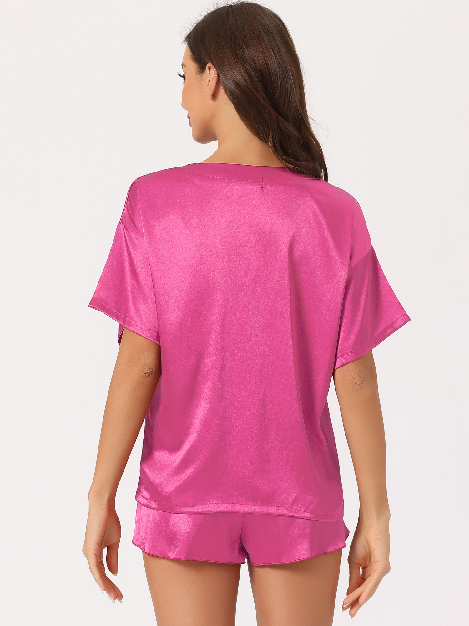 DARING DIVA Women's Satin Pajama Pullover T-shirt with Shorts Lounge Sets L Hot Pink