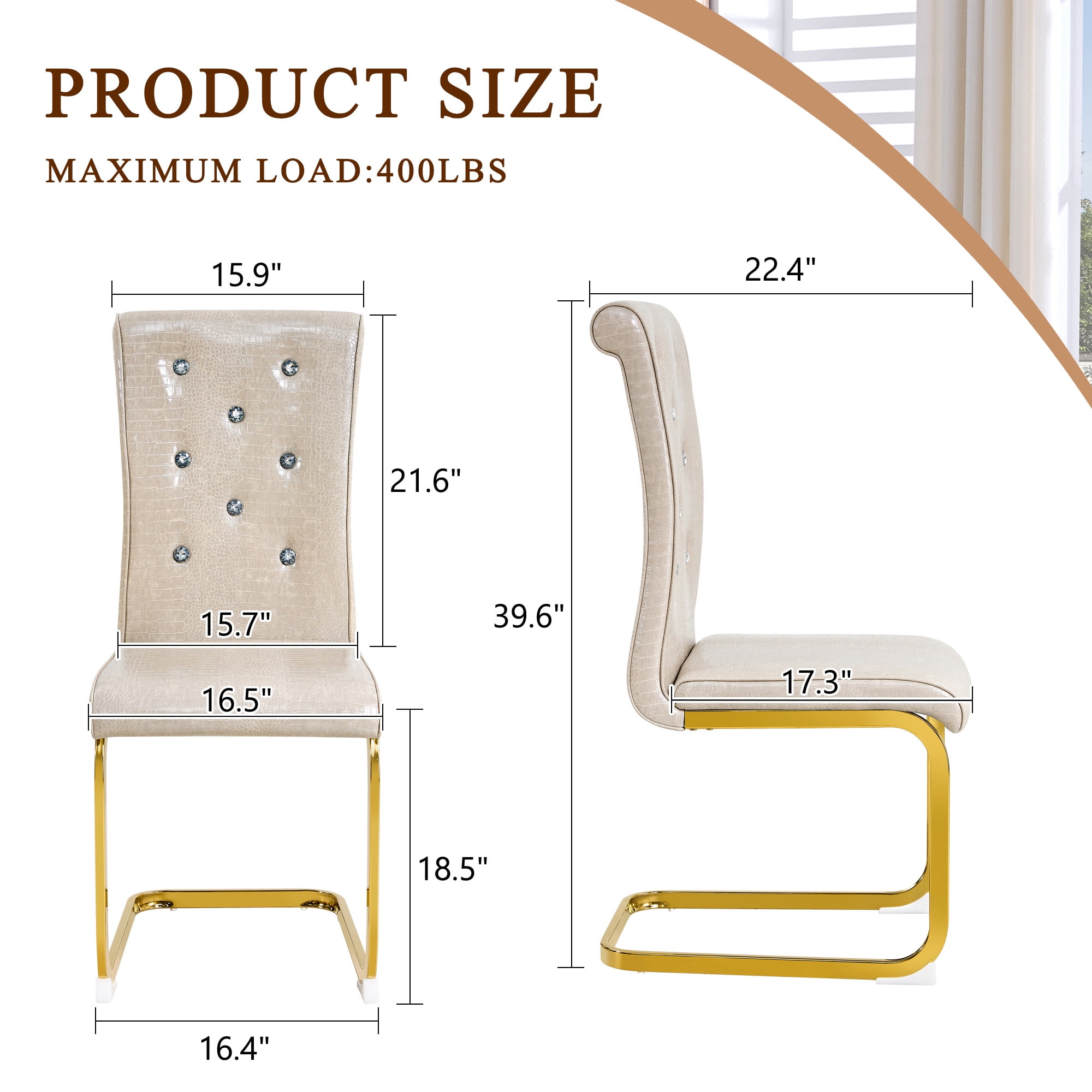 Aukfa Modern Dining Chairs Set of 2 , 400 lbs Heavy-Duty Faux Alligator Leather Kitchen Chairs with Crystal Button Tufted High Back,Beige