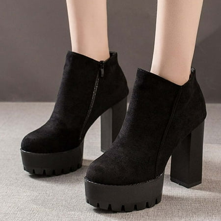 

Njoeus Tall Boots For Women Winter Boots For Girls Women S Fashion 12Cm High-Heels Boots Chunky Heel Slouchy Round-Toe Side Zipper Short Boots