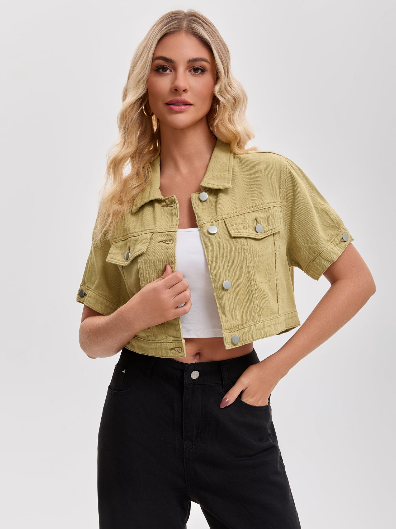 DARING DIVA Women's Short Sleeve Denim Rendy Casual Cropped Jean Jacket 2XL Khaki