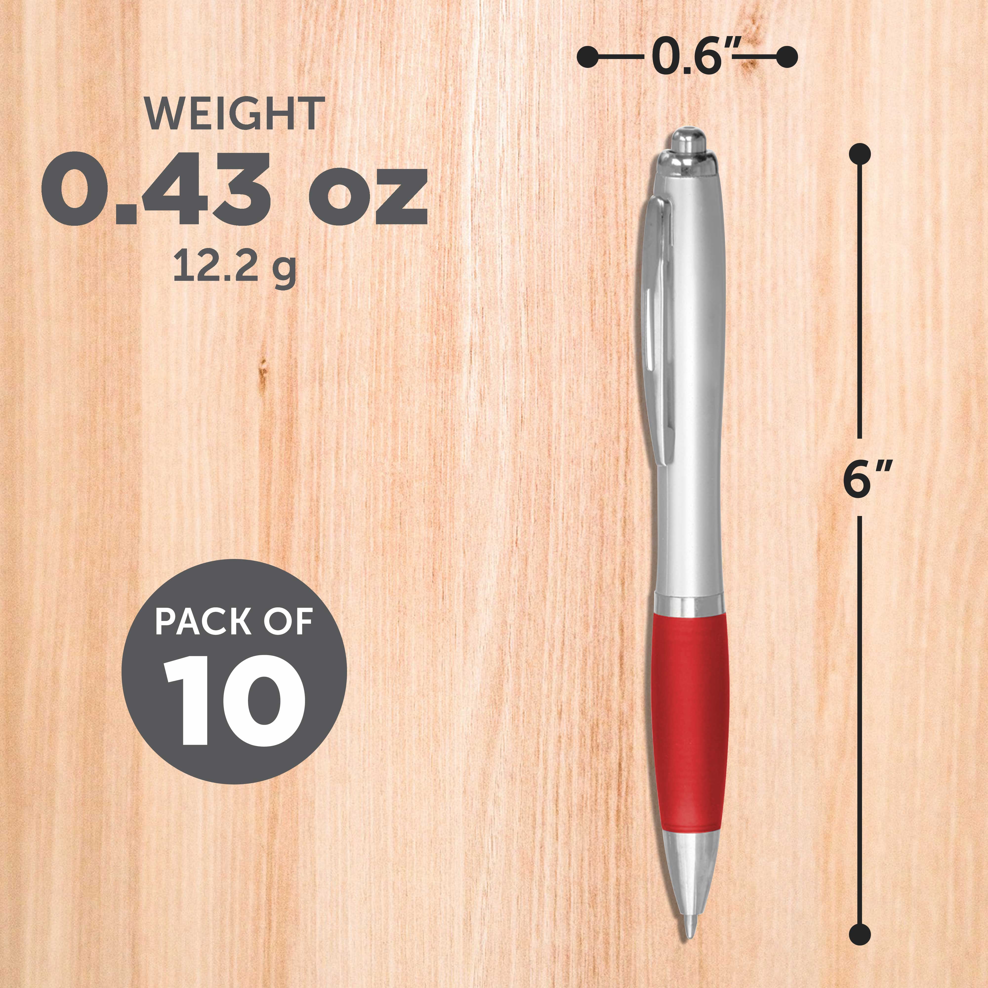 Ballpoint Pens With Rubber Grip, 10 pack, Black Ink Writing Pens in Bulk, Red