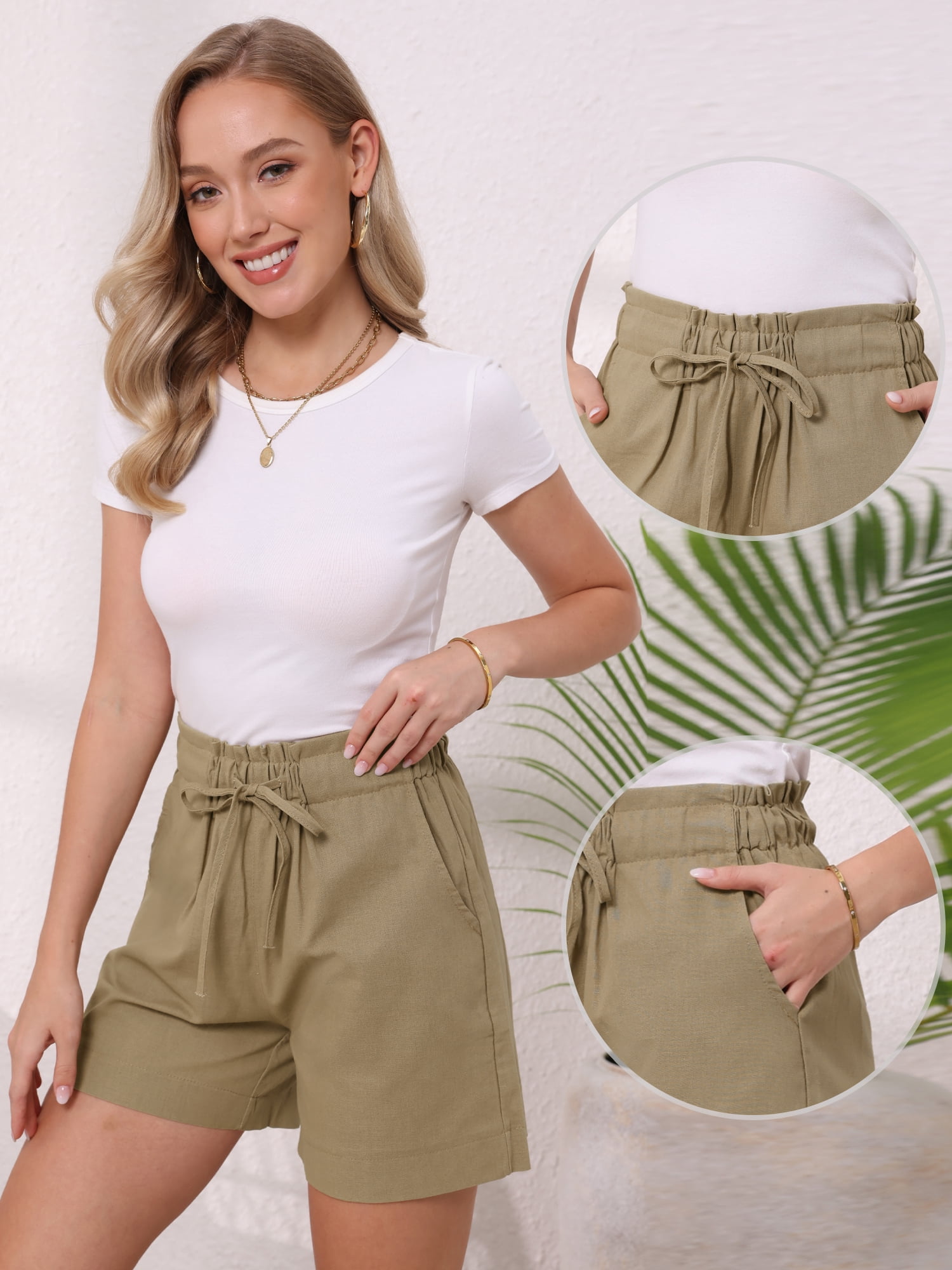 DARING DIVA Women's Elastic High Waisted Drawstring Shorts with Pockets X-Large Khaki