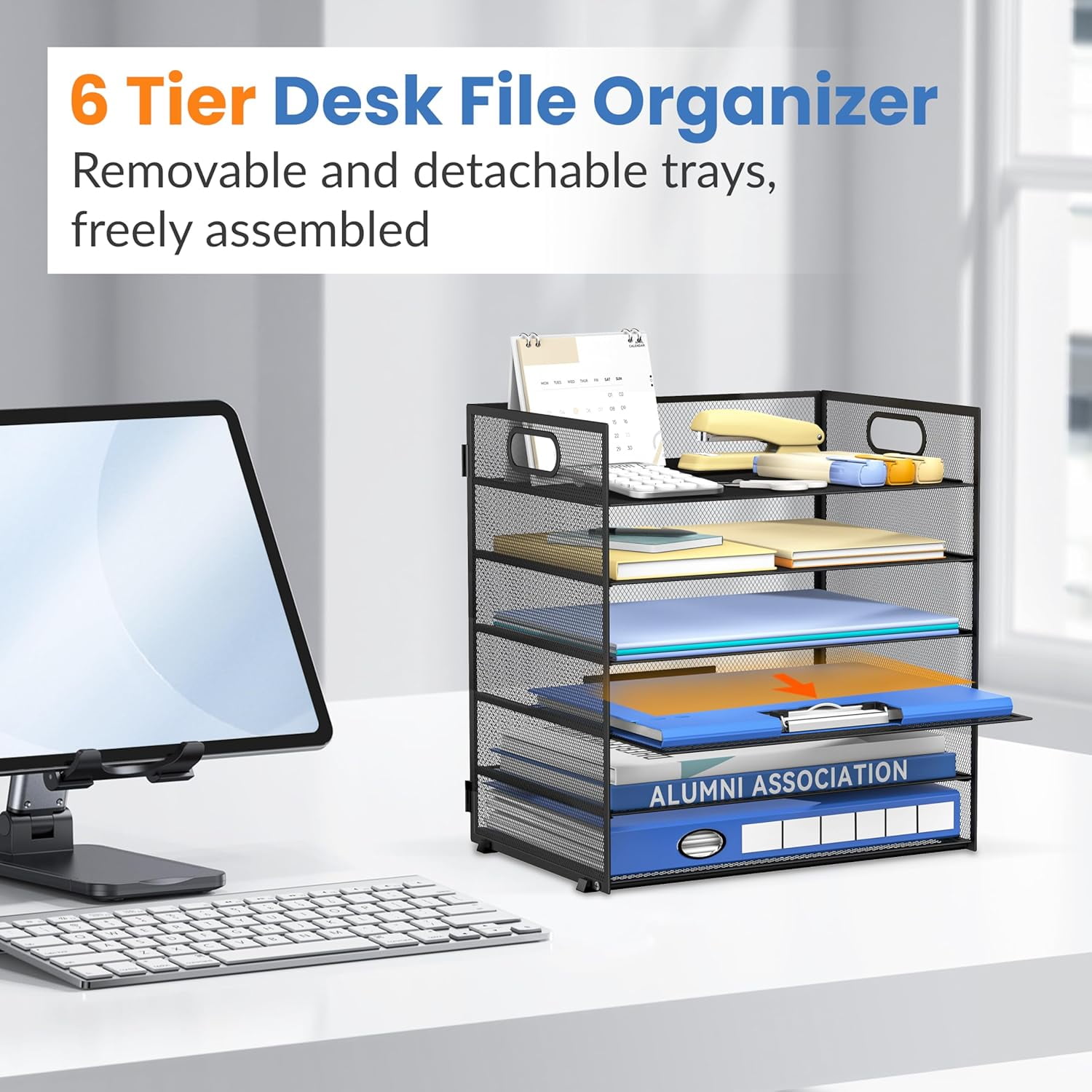 INTIGE 6 Tier Paper Organizer for Desk, Paper Letter Tray, Metal Mesh Desktop File Organizers with Handle for Office/Home